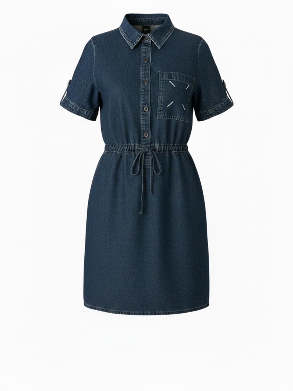 Short Denim Shirt Dress with Drawstring Waist - Navy